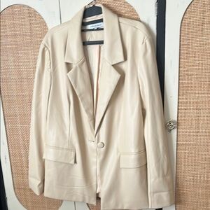 WeWoreWhat Cream Blazer with Notched Lapels and Faux leather